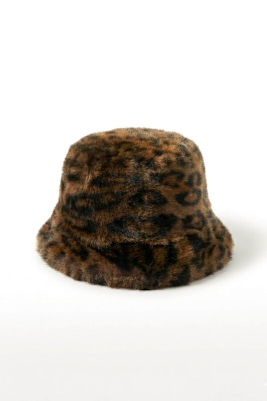 ŞPK-2011 Acı Kahve Leopar Desen Kürklü Bucket Şapka - 1