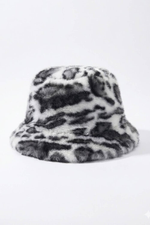 ŞPK-2011 Siyah Beyaz Leopar Desen Kürklü Bucket Şapka