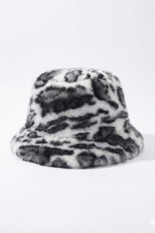 ŞPK-2011 Siyah Beyaz Leopar Desen Kürklü Bucket Şapka - 1