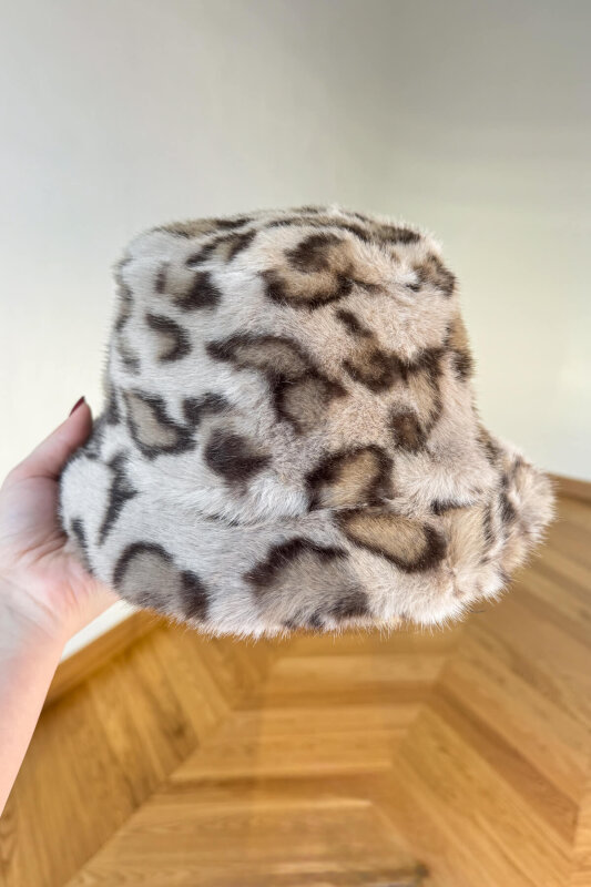 ŞPK-2011 Vizon Leopar Desen Kürklü Bucket Şapka - 2