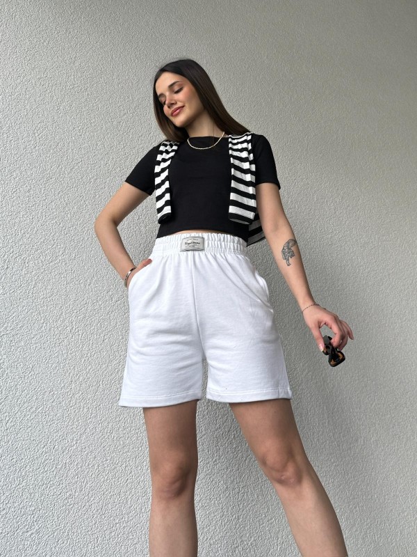 ŞRT-16022 Beyaz Etiket Detaylı Uzun Lastikli Şort - 2