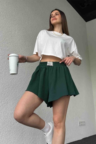 ŞRT-16024 Nefti Yeşili Etiket Detaylı Kısa Salaş Lastikli Şort - 1