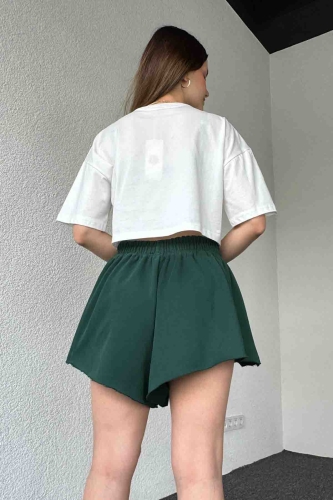 ŞRT-16024 Nefti Yeşili Etiket Detaylı Kısa Salaş Lastikli Şort - 3