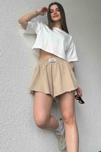 ŞRT-16024 Vizon Etiket Detaylı Kısa Salaş Lastikli Şort - 1