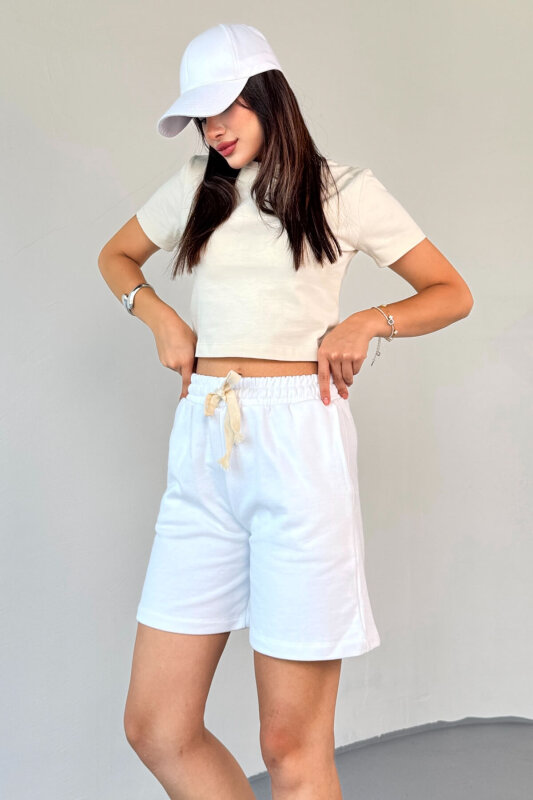 ŞRT-16025 Beyaz İpli Uzun Lastikli Şort - 3