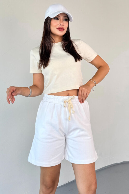 ŞRT-16025 Beyaz İpli Uzun Lastikli Şort - 6