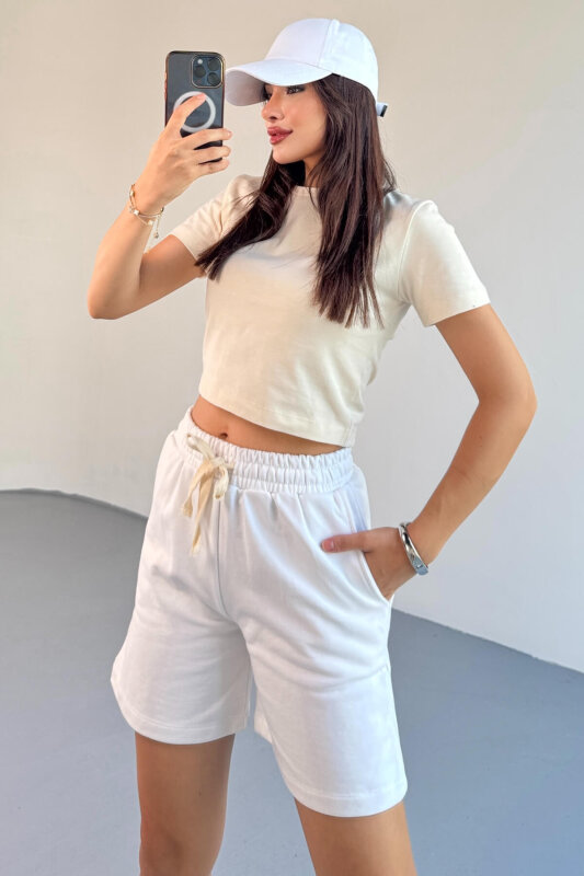 ŞRT-16025 Beyaz İpli Uzun Lastikli Şort - 7