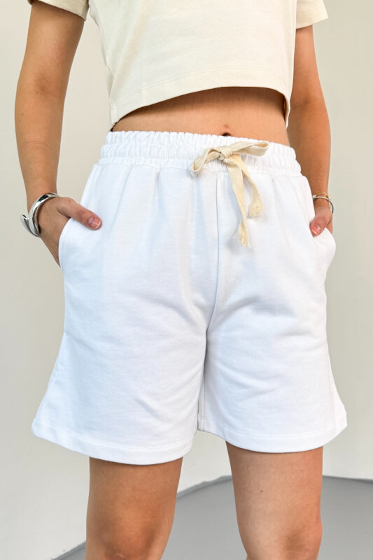 ŞRT-16025 Beyaz İpli Uzun Lastikli Şort - 2