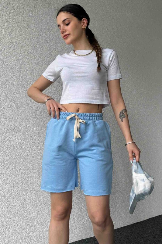 ŞRT-16026 Bebe Mavi Pis Dikişli Kordonlu Uzun Lastikli Şort - 3