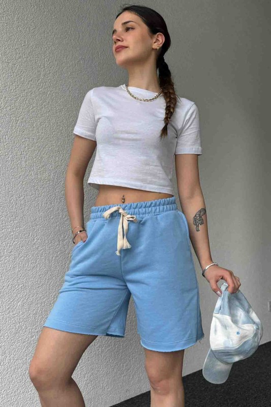 ŞRT-16026 Bebe Mavi Pis Dikişli Kordonlu Uzun Lastikli Şort - 2