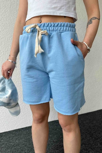 ŞRT-16026 Bebe Mavi Pis Dikişli Kordonlu Uzun Lastikli Şort - 4