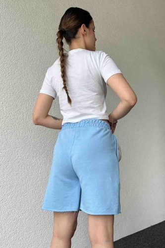 ŞRT-16026 Bebe Mavi Pis Dikişli Kordonlu Uzun Lastikli Şort - 5