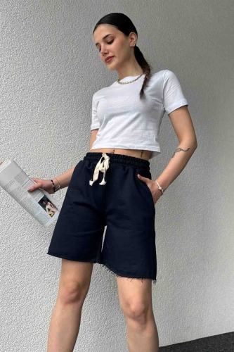 ŞRT-16026 Lacivert Pis Dikişli Kordonlu Uzun Lastikli Şort 