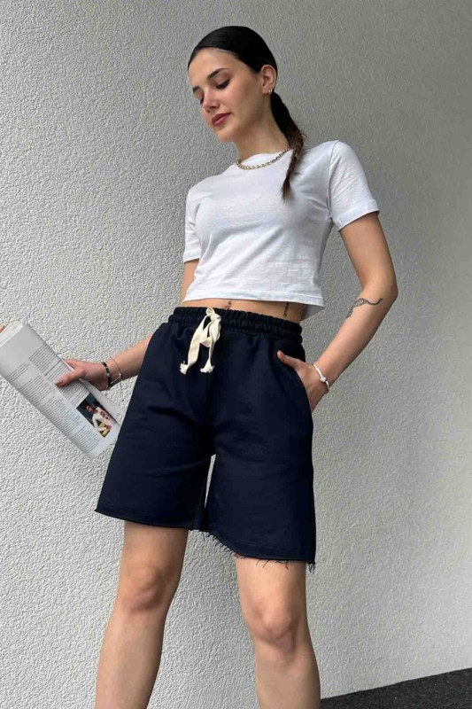 ŞRT-16026 Lacivert Pis Dikişli Kordonlu Uzun Lastikli Şort - 1