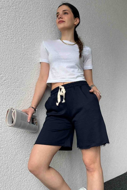 ŞRT-16026 Lacivert Pis Dikişli Kordonlu Uzun Lastikli Şort - 2