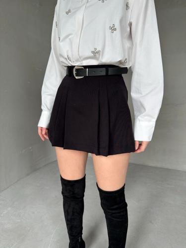 ŞRT-16027 Siyah Pile Detay Kemerli Atlas Kumaş Şort Etek - 1