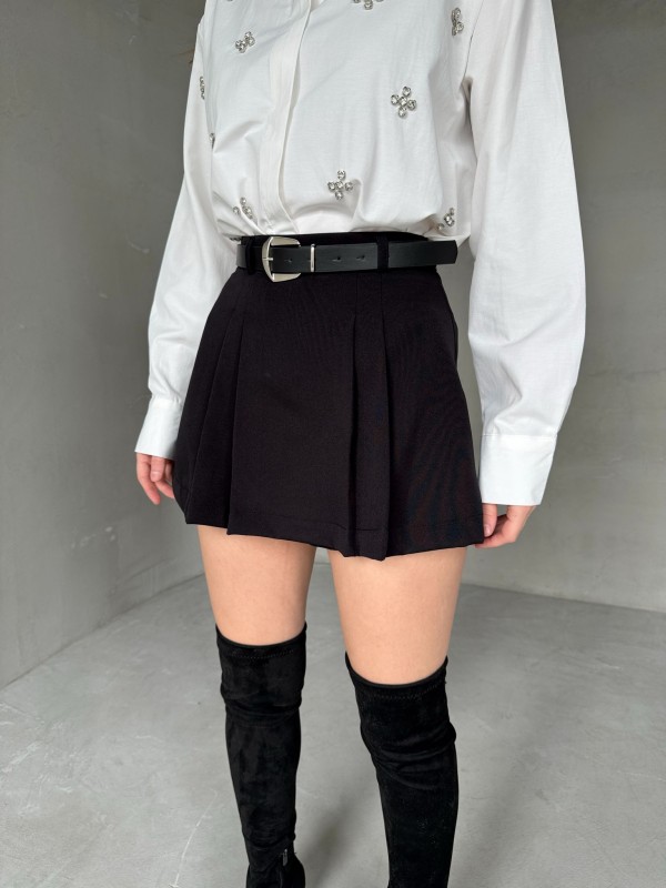 ŞRT-16027 Siyah Pile Detay Kemerli Atlas Kumaş Şort Etek - 1