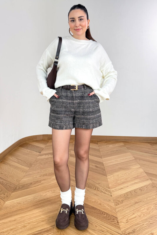 ŞRT-16029 Bej Gold Düğmeli Balıksırtı Desenli Kışlık Şort - 1