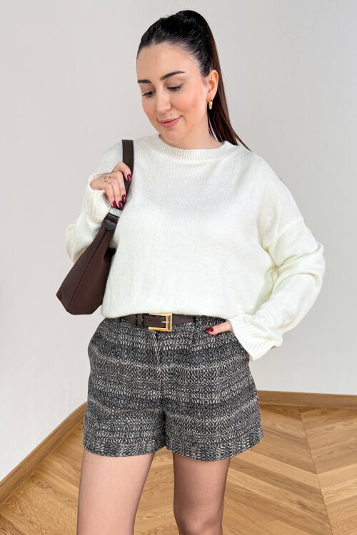 ŞRT-16029 Bej Gold Düğmeli Balıksırtı Desenli Kışlık Şort - 5