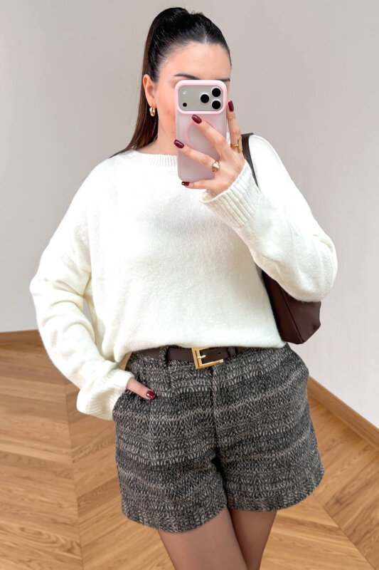 ŞRT-16029 Bej Gold Düğmeli Balıksırtı Desenli Kışlık Şort - 6