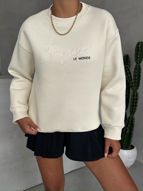 SWT-111-222-F Ekru Bonjour Yazı Kabartma Baskılı Üç İplik Şardonlu Sweatshirt - 1