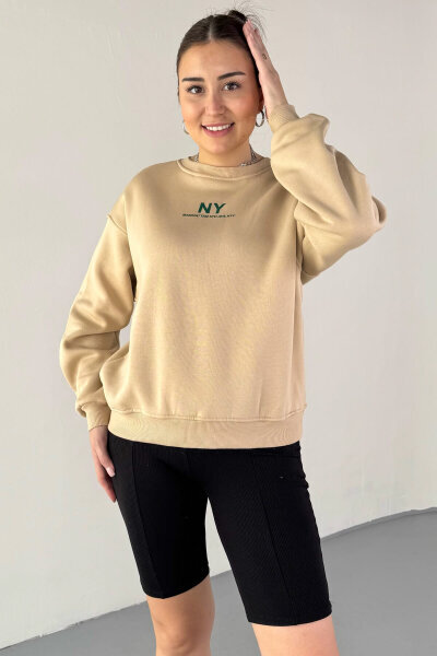 SWT-106 Bej NY Manhattan Baskılı Sweatshirt