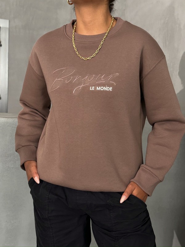 SWT-111-222-F Kakao Rengi Bonjour Yazı Kabartma Baskılı Üç İplik Şardonlu Sweatshirt - 1