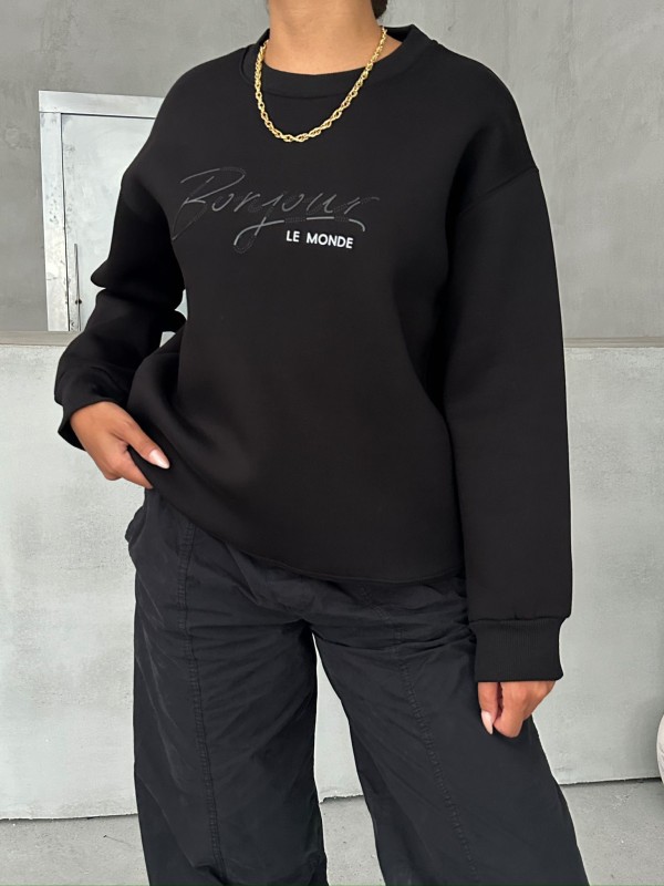 SWT-111-222-F Siyah Bonjour Yazı Kabartma Baskılı Üç İplik Şardonlu Sweatshirt - 1