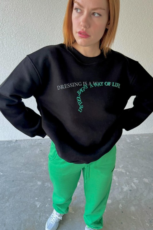SWT-14246 Siyah Dressing Tasarım Yazı Baskılı Üç İplik Şardonlu Sweatshirt - 3