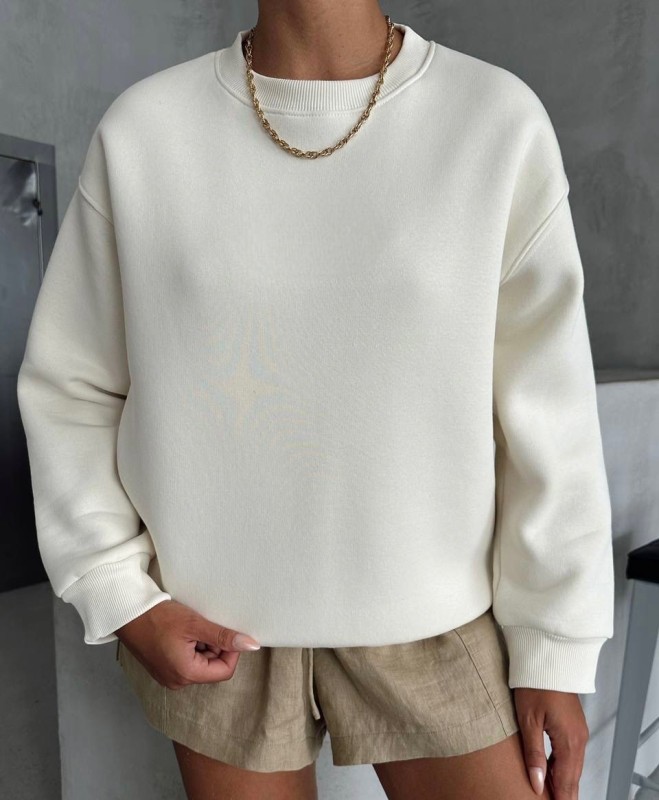 SWT-14256 Ekru Basic Üç İplik Şardonlu Sweatshirt - 1