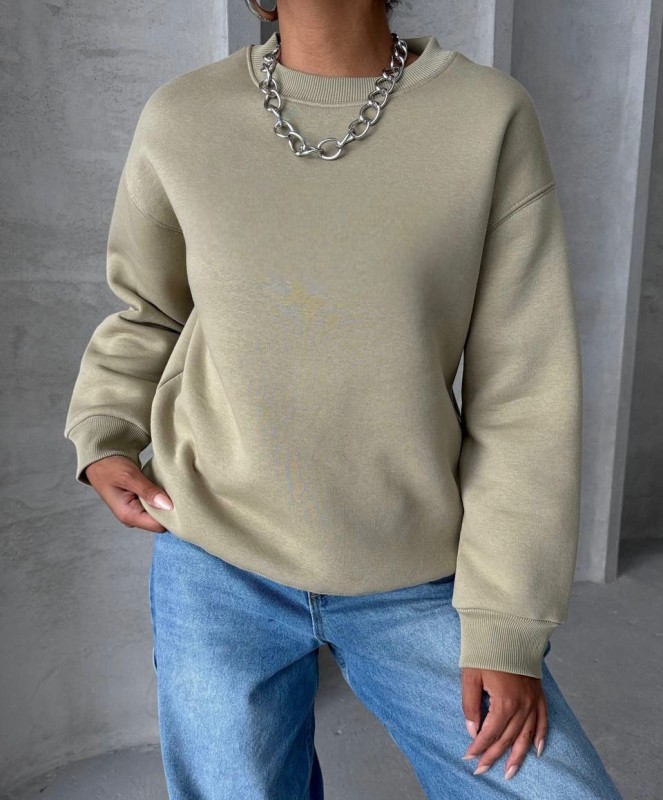 SWT-14256 Haki Basic Üç İplik Şardonlu Sweatshirt - 1