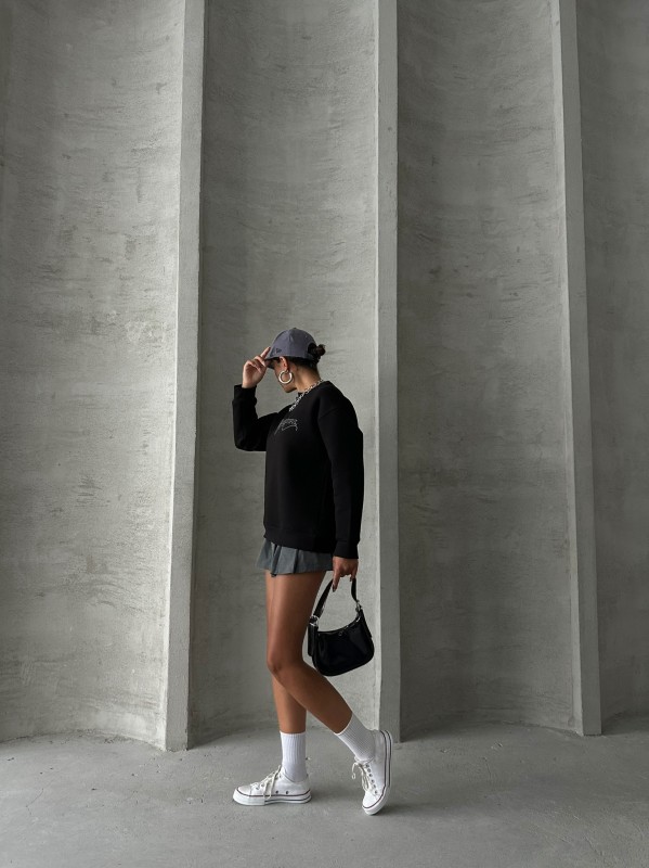 SWT-14260 Siyah Beatiful Kabartma Baskılı Bisiklet Yaka Üç İplik Şardonlu Sweatshirt - 3