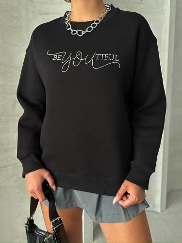 SWT-14260 Siyah Beatiful Kabartma Baskılı Bisiklet Yaka Üç İplik Şardonlu Sweatshirt (1)
