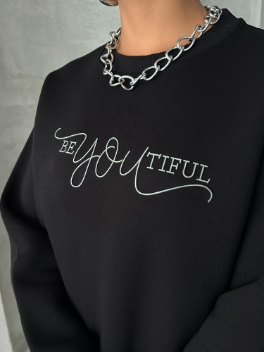 SWT-14260 Siyah Beatiful Kabartma Baskılı Bisiklet Yaka Üç İplik Şardonlu Sweatshirt - 4