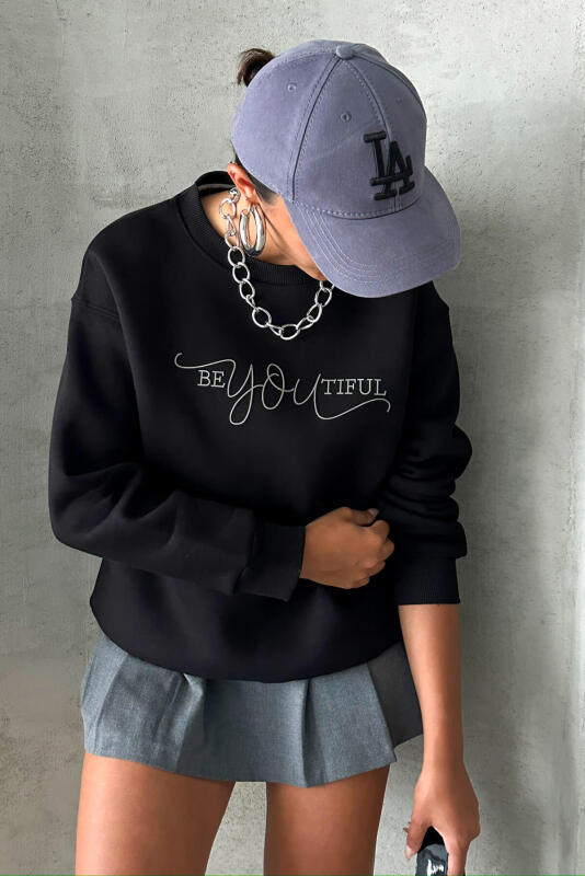 SWT-14260 Siyah Beatiful Kabartma Baskılı Bisiklet Yaka Üç İplik Şardonlu Sweatshirt - 1