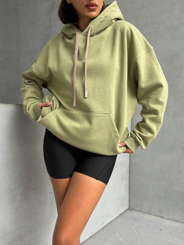 SWT-14261 Haki Kordonlu Kapüşonlu Kanguru Cep İki İplik Şardonlu Sweatshirt - 2
