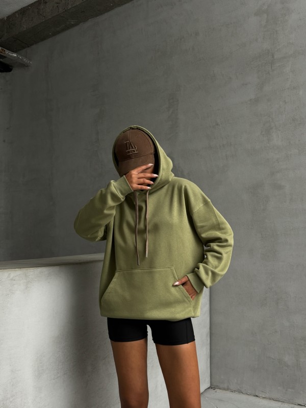 SWT-14261 Haki Kordonlu Kapüşonlu Kanguru Cep İki İplik Şardonlu Sweatshirt - 5