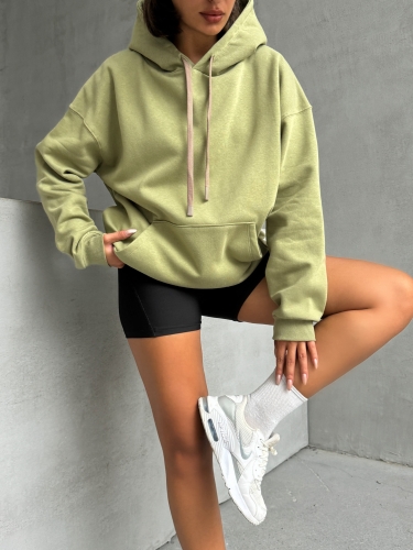 SWT-14261 Haki Kordonlu Kapüşonlu Kanguru Cep İki İplik Şardonlu Sweatshirt - 4