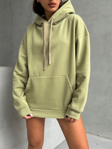 SWT-14261 Haki Kordonlu Kapüşonlu Kanguru Cep İki İplik Şardonlu Sweatshirt - 6
