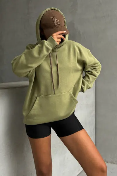 SWT-14261 Haki Kordonlu Kapüşonlu Kanguru Cep İki İplik Şardonlu Sweatshirt - 3