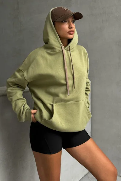 SWT-14261 Haki Kordonlu Kapüşonlu Kanguru Cep İki İplik Şardonlu Sweatshirt - 1