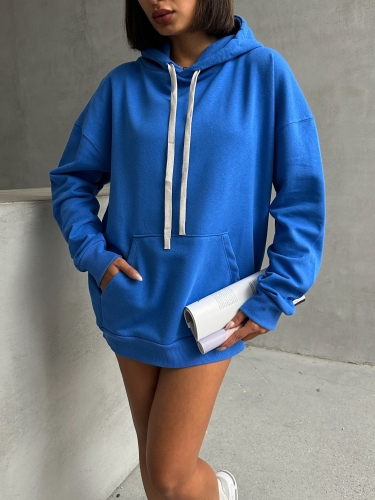 SWT-14261 Mavi Kordonlu Kapüşonlu Kanguru Cep İki İplik Şardonlu Sweatshirt - 2