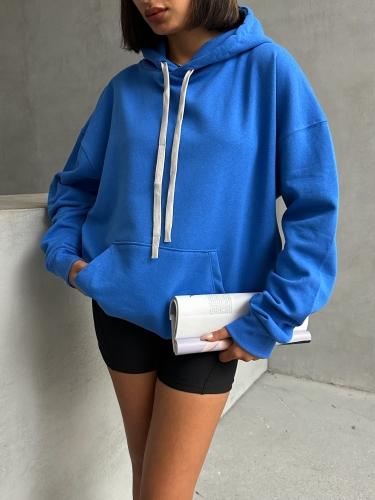 SWT-14261 Mavi Kordonlu Kapüşonlu Kanguru Cep İki İplik Şardonlu Sweatshirt - 4