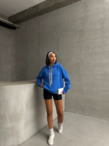 SWT-14261 Mavi Kordonlu Kapüşonlu Kanguru Cep İki İplik Şardonlu Sweatshirt - 3