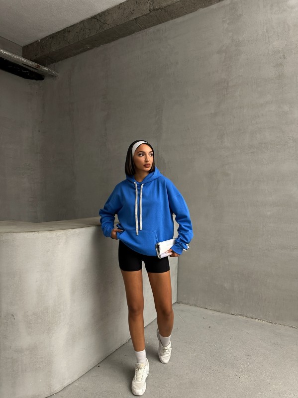 SWT-14261 Mavi Kordonlu Kapüşonlu Kanguru Cep İki İplik Şardonlu Sweatshirt - 3