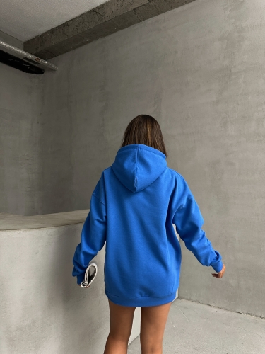 SWT-14261 Mavi Kordonlu Kapüşonlu Kanguru Cep İki İplik Şardonlu Sweatshirt - 5