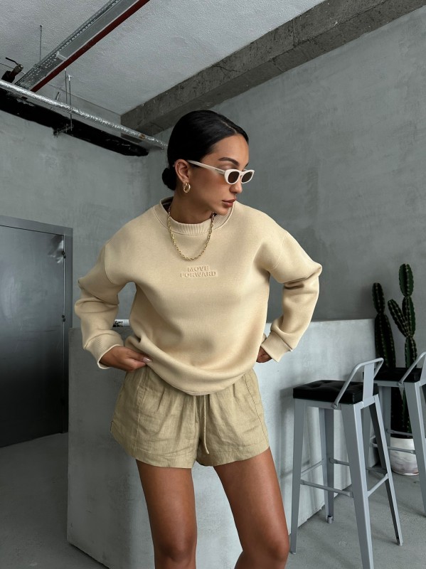 SWT-14262 Vizon Move Forvard Kabartma Baskılı Üç İplik Şardonlu Bisiklet Yaka Sweatshirt - 1