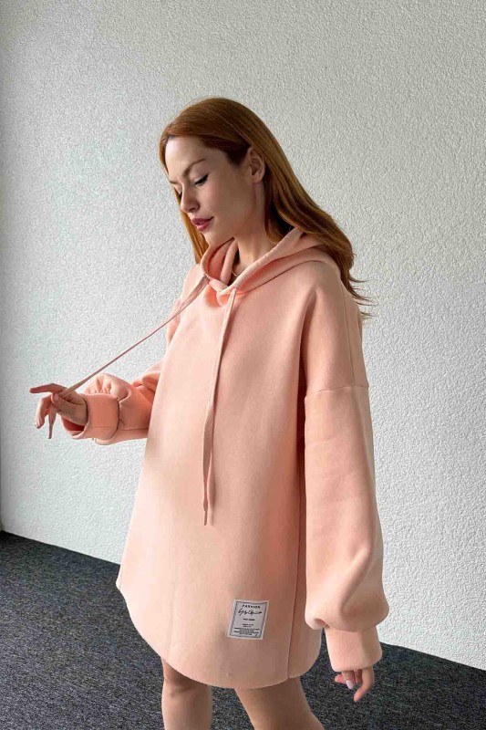 SWT-14264 Pudra Etiket Detaylı Kapüşonlu Üç İplik Şardonlu Salaş Sweatshirt - 2