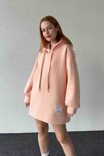 SWT-14264 Pudra Etiket Detaylı Kapüşonlu Üç İplik Şardonlu Salaş Sweatshirt - 3