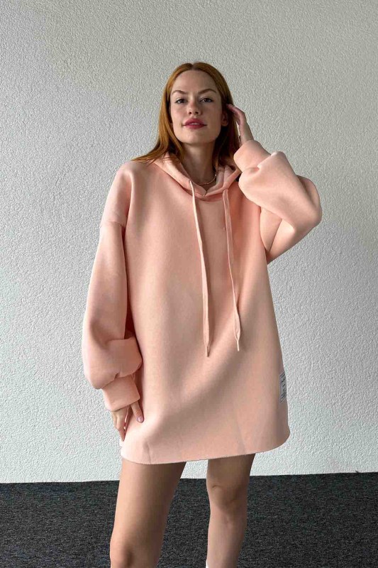 SWT-14264 Pudra Etiket Detaylı Kapüşonlu Üç İplik Şardonlu Salaş Sweatshirt - 4